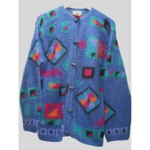 VTG L.L. Bean Mohair Cardigan Sweater Womens M Geometric Toggle Button 80s Retro